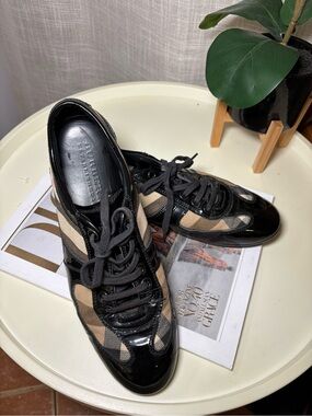 Burberry Black Patent & Beige Nova Check Lace-Up Sneakers